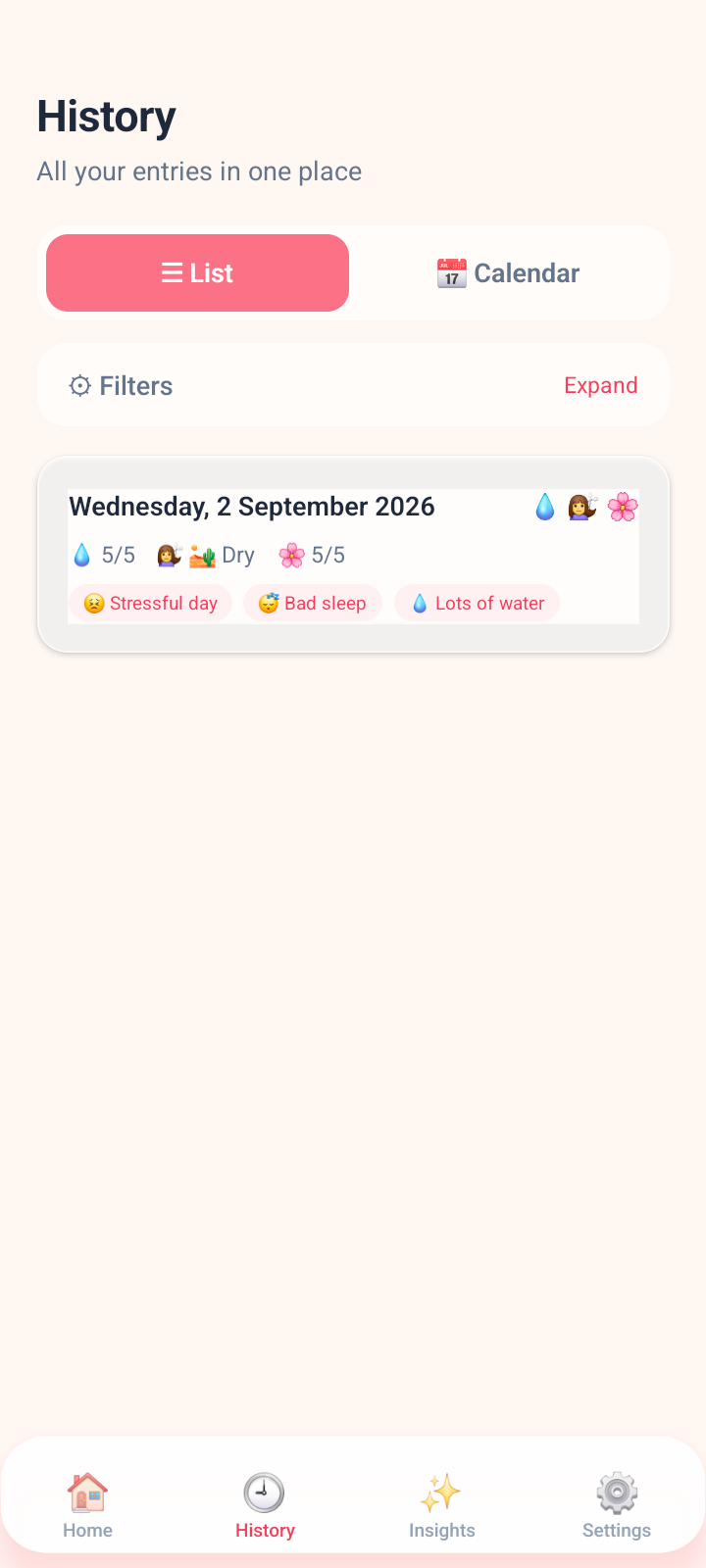 Radiant Dashboard history screen